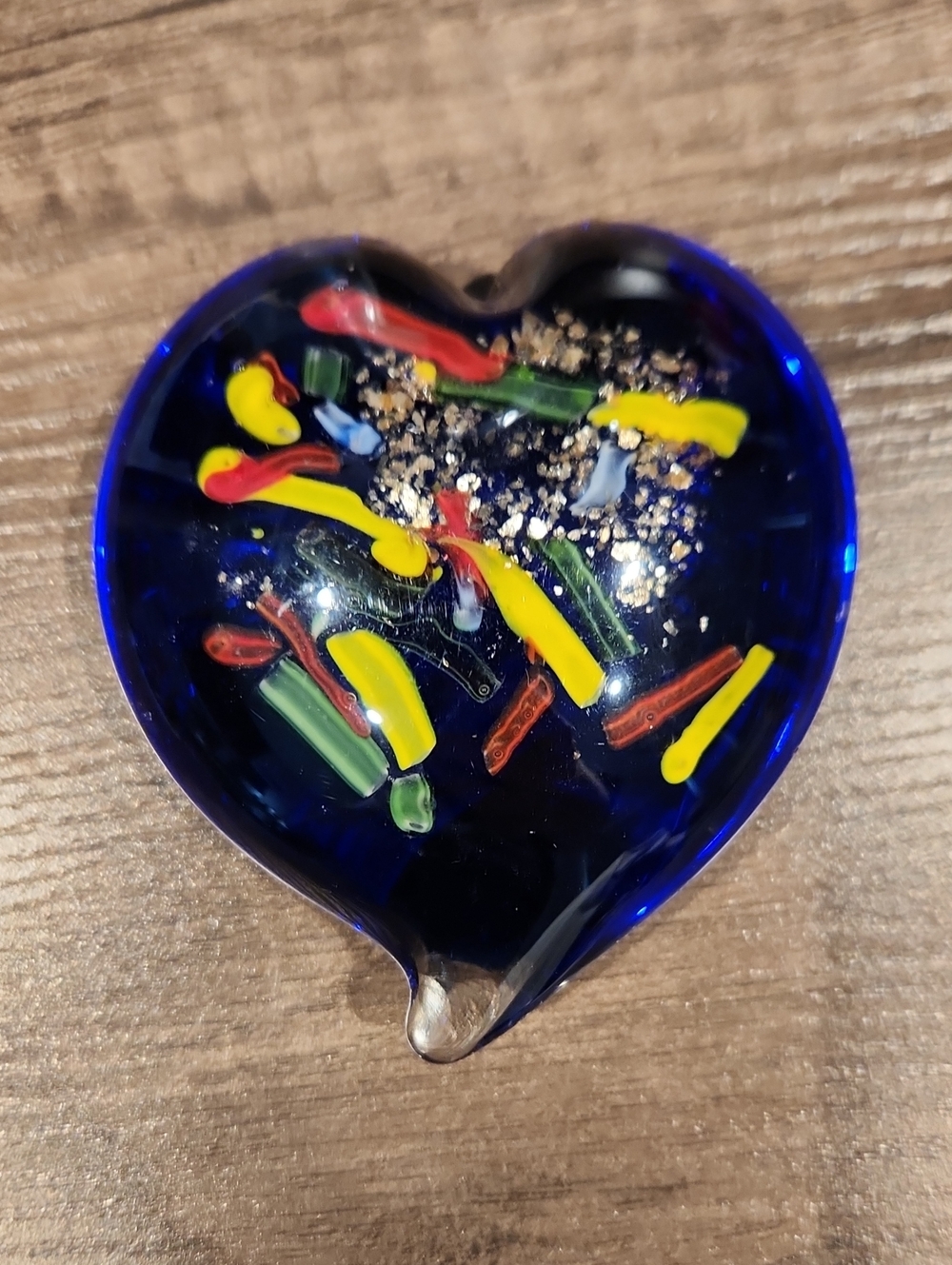 Blue Glass Heart Paperweight with Multicolor Confetti Accents